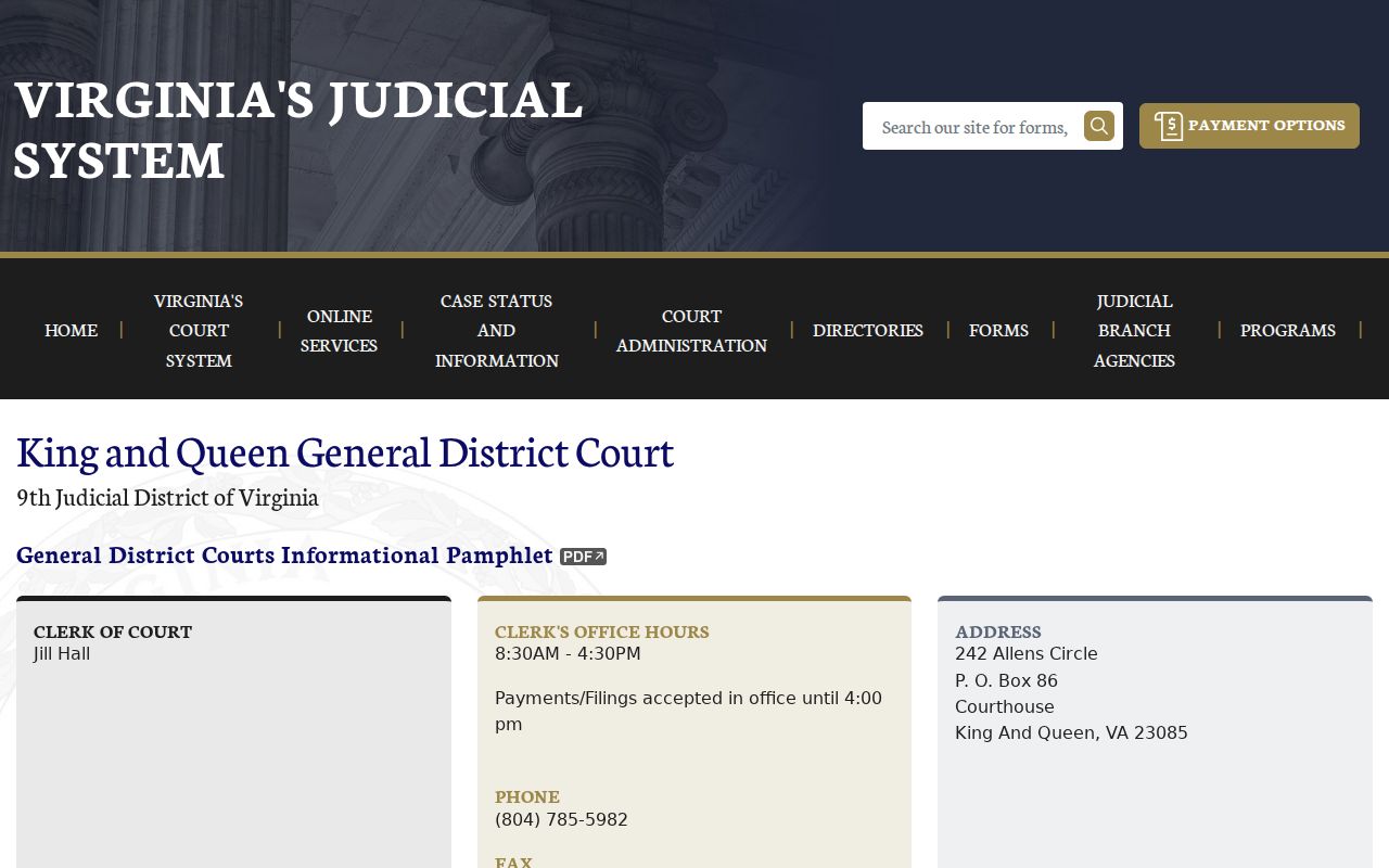 King and Queen County criminal court case GDC docket schedule