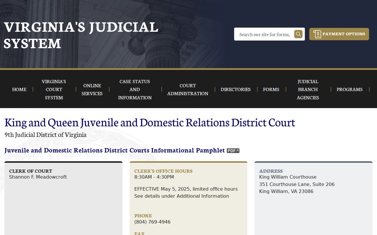 King and Queen County criminal case JDR shared office schedule