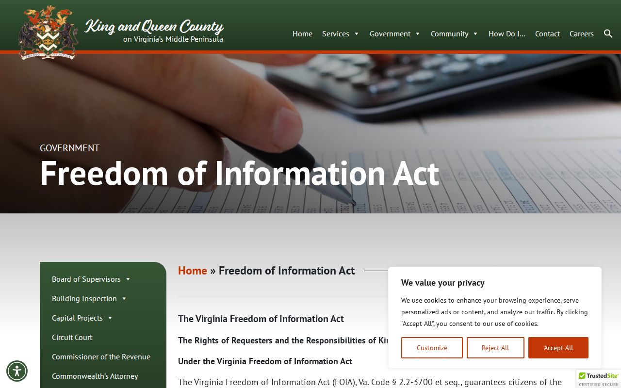 King and Queen County criminal records FOIA request rules