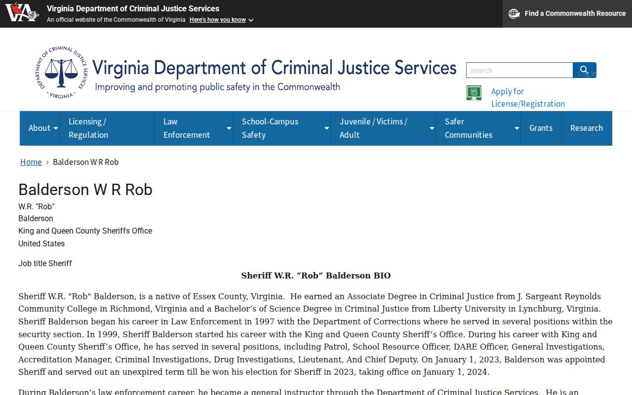 King and Queen County criminal records sheriff official biography